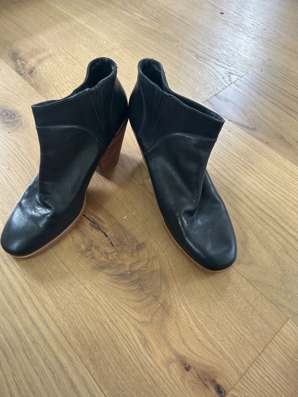 Rachel Comey Black Leather Ankle Booties with Stacked Wood Heel